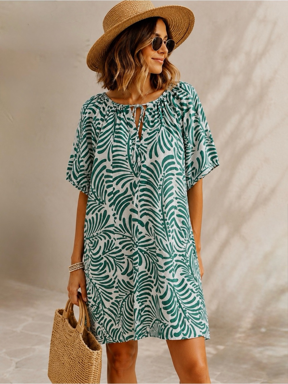 H&M Women’s XL Green White Tropical Leaf Print Tie Neck Dress Boho Resort Cover